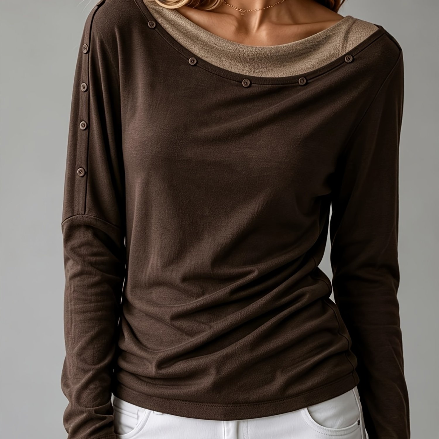 TEMU Autumn Winter Women's Long Sleeve T-shirt Shoulder Button Detail Drapey Base Layer Casual Versatile Pullover Shirt Temperament Inner Top