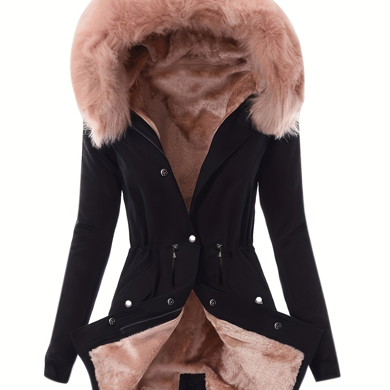 TEMU Nouvelle tenue d'hiver pour femmes, mi-longue, doublée en polaire chaude, ample, à capuche et cordon de serrage, couleur unie, décontractée,
