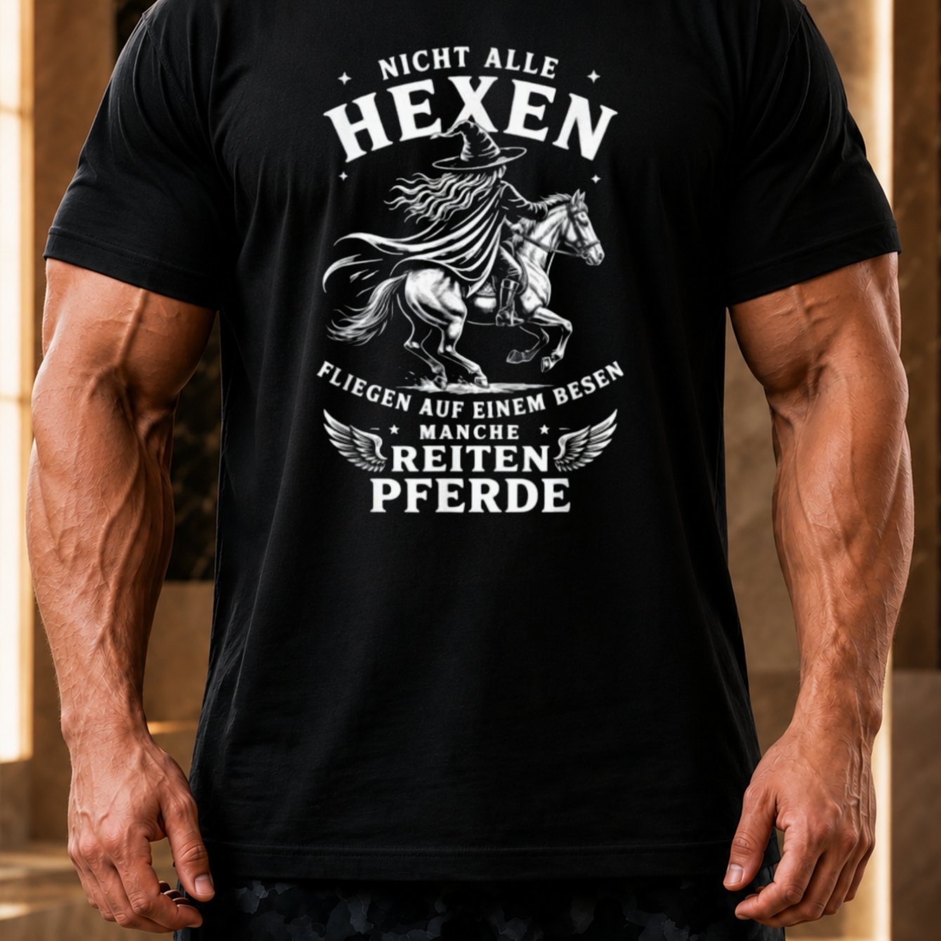 Witch Horse Riding Graphic Men's T-shirt, German Text With Witch And Western Fantasy Humor Design, For Halloween