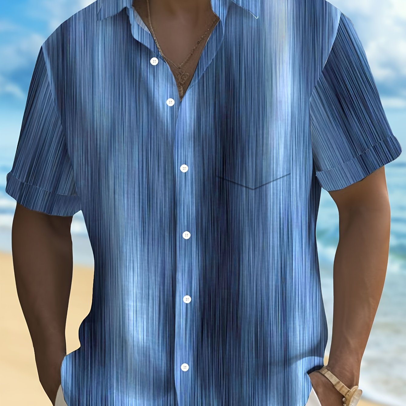 TEMU Retro Gradient Striped Texture Men's Button-up Pocket Shirt