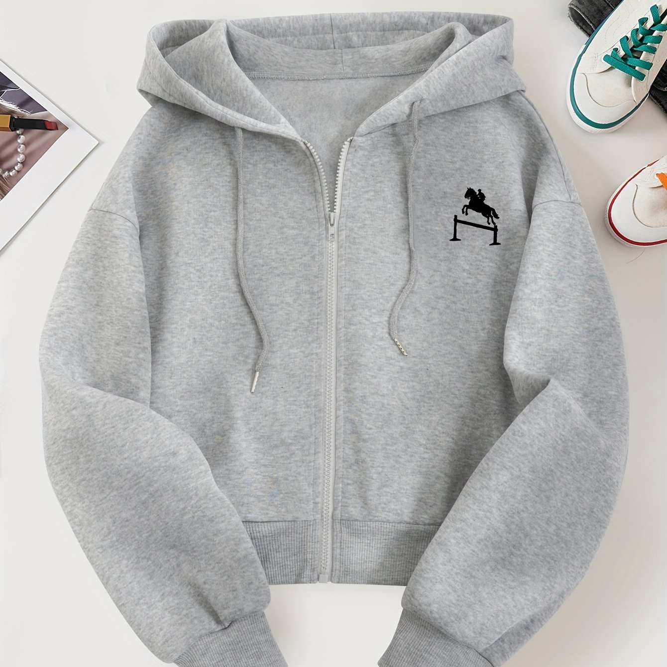 TEMU D139 - Women's Cropped Hooded Sweatshirt, Fashionable And Riding And Hurdling Pattern Print On Left Chest, New Autumn/winter Versatile Casual