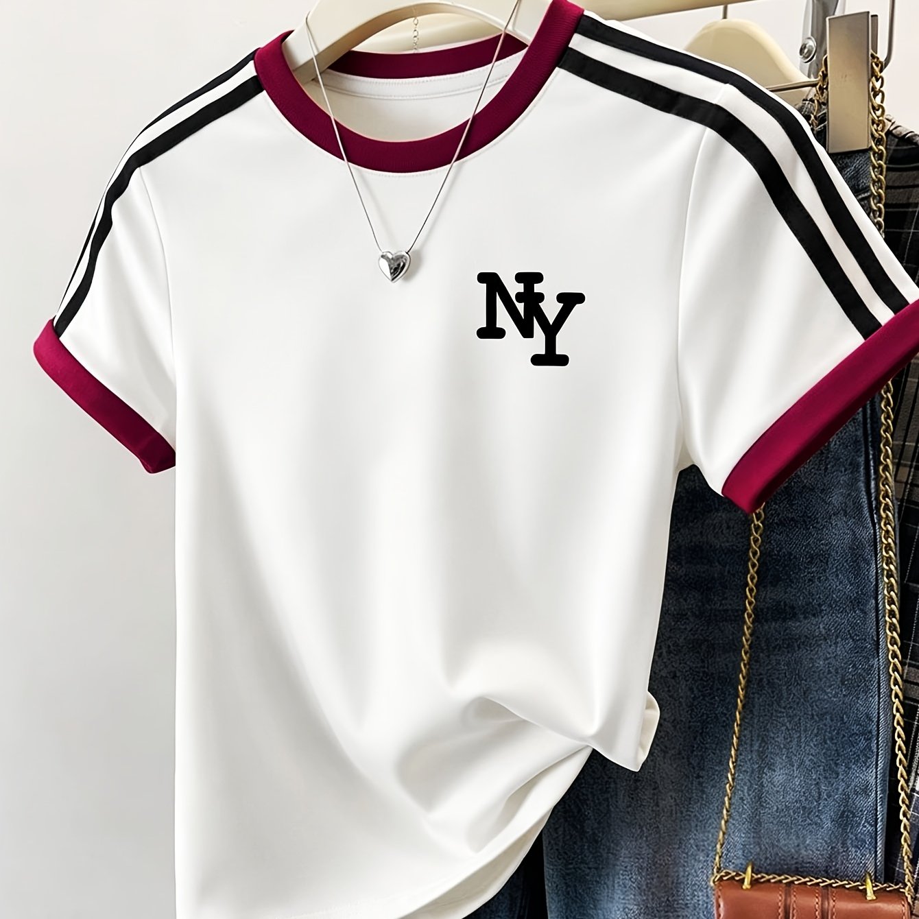 TEMU Women's T-shirt, Ladies Contrast Color Slim Short Sleeve 1pc Retro Individual Niche Y2k Spicy Dark Easy Creative Easy Ny Letter Print Fashion