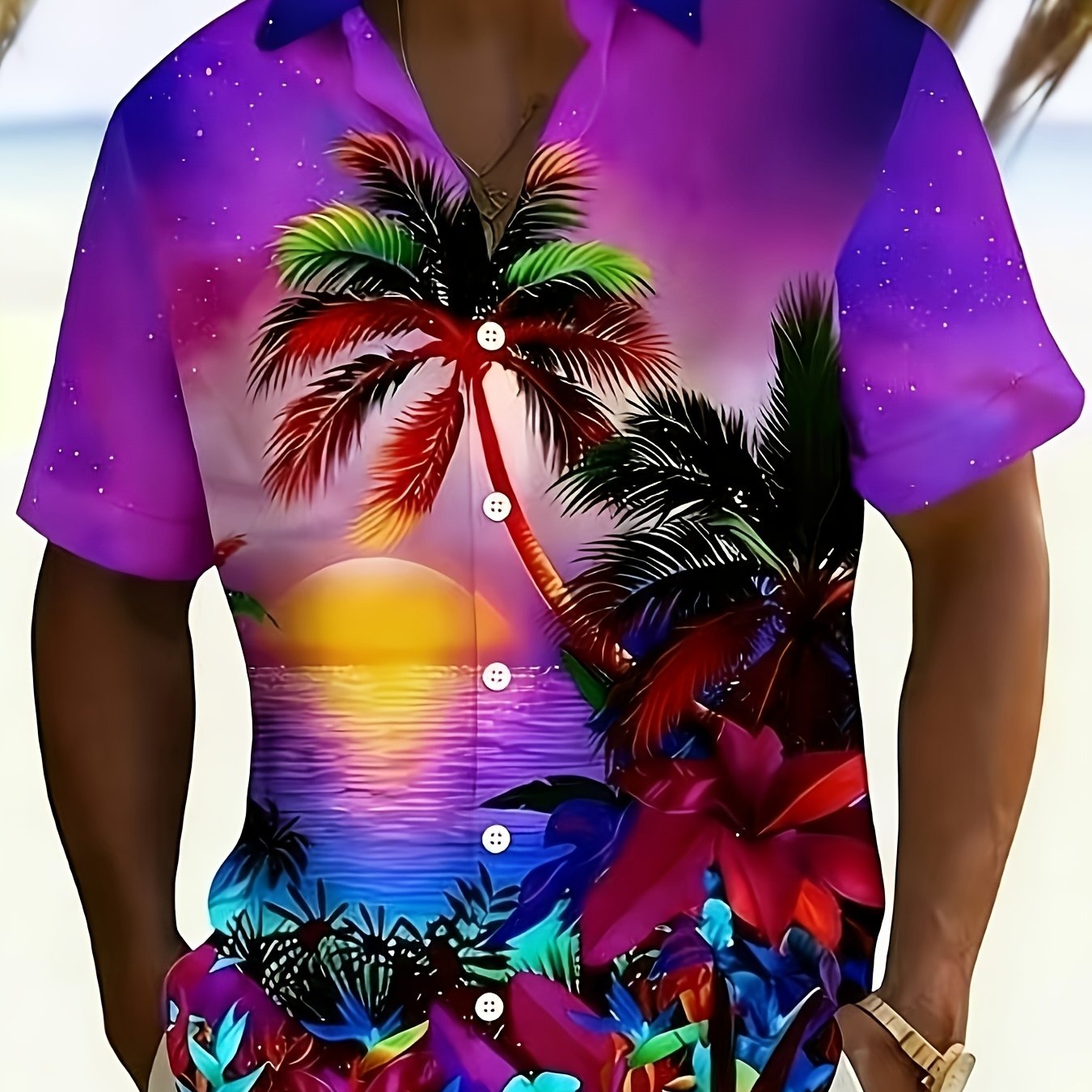 TEMU Men's Vibrant Tropical Print Hawaiian Shirt - Short-sleeved Button-up, Lightweight, Casual Vacation Wear Featuring Palm Trees And Sunset Design,