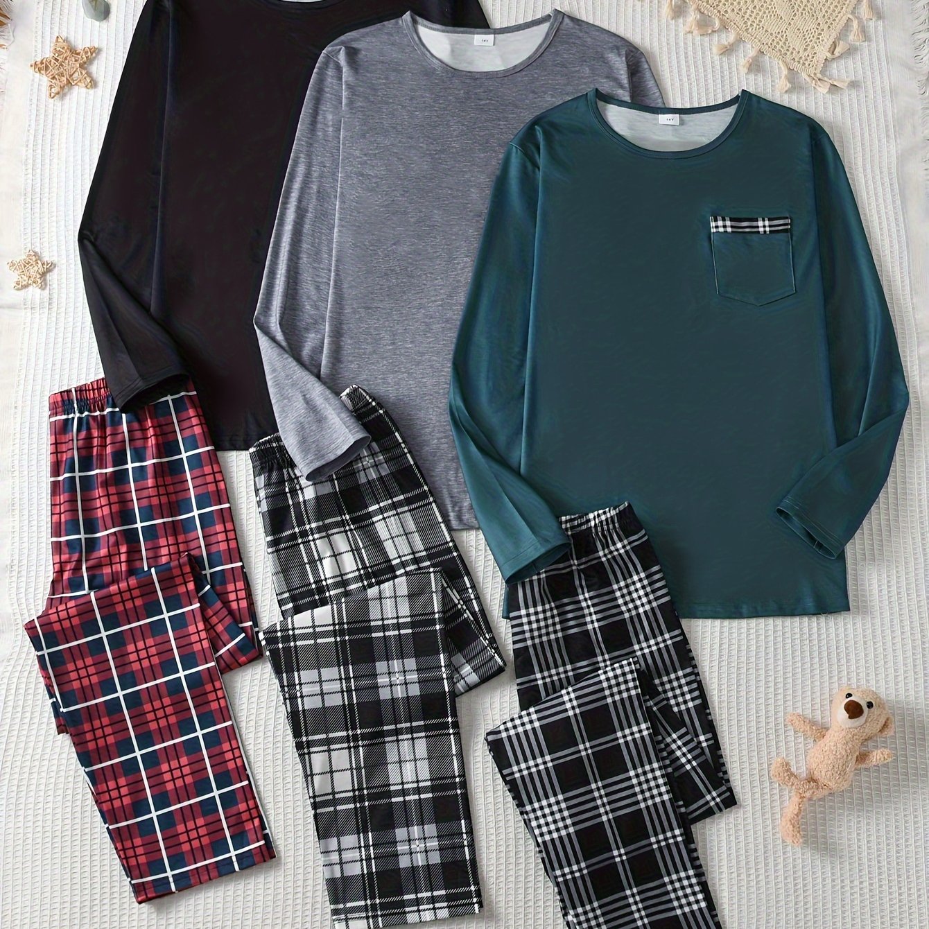 TEMU Boys' Cozy 6pcs Pajama Set - Long Sleeve & Pants, Casual Loungewear For Teens, Black/grey/green