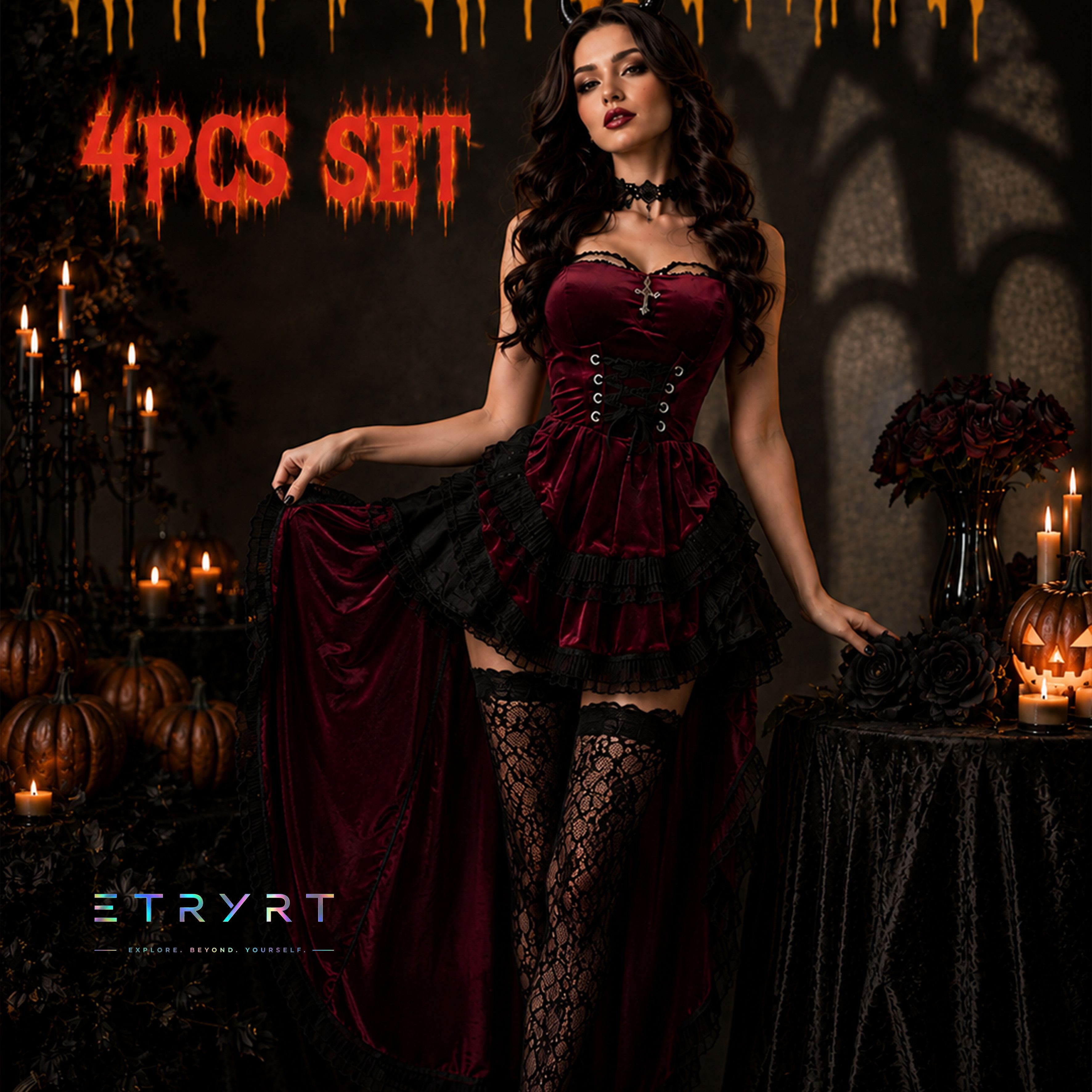 Dark Gothic Style, Halloween Costumes, 4pcs Women's Dresses Set, Tail-wearing Witch And Vampire Bride Performance Outfits