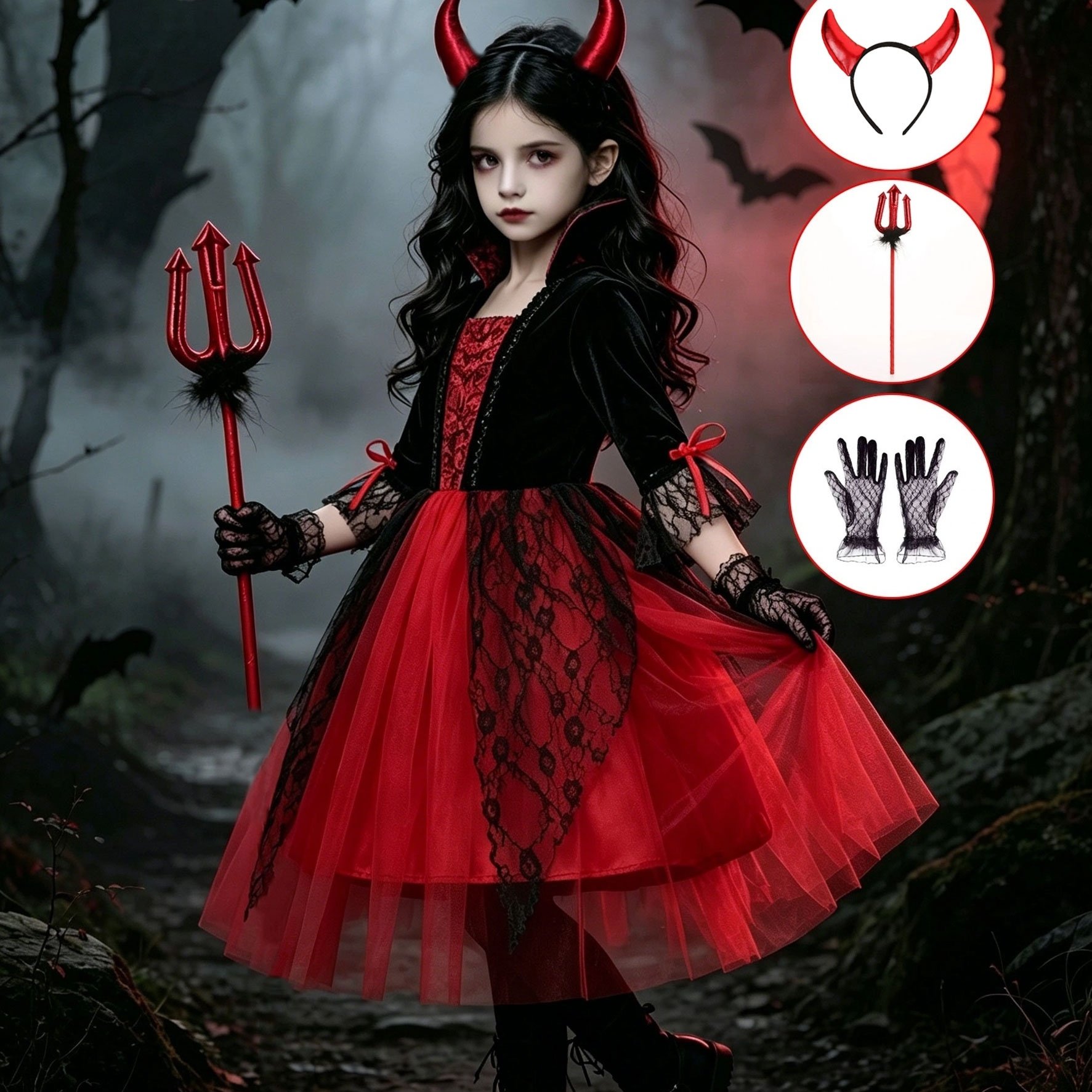 TEMU 4pcs Set: 1 Dress + 3 Accessories. Halloween Girls' Red And Black Dress, Velvet High Stand Collar Lace Mesh Puff Skirt, Spliced Lace Cuffs With