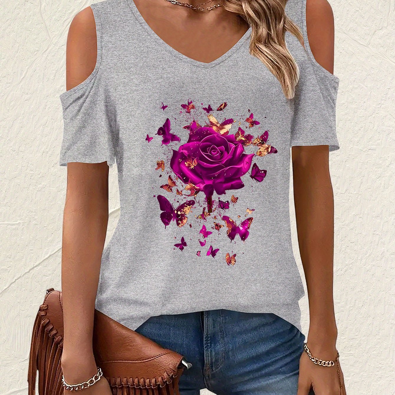 TEMU Graphic Print T-shirt, Short Sleeve V Neck Casual Top For Summer & Spring, Women's Clothing