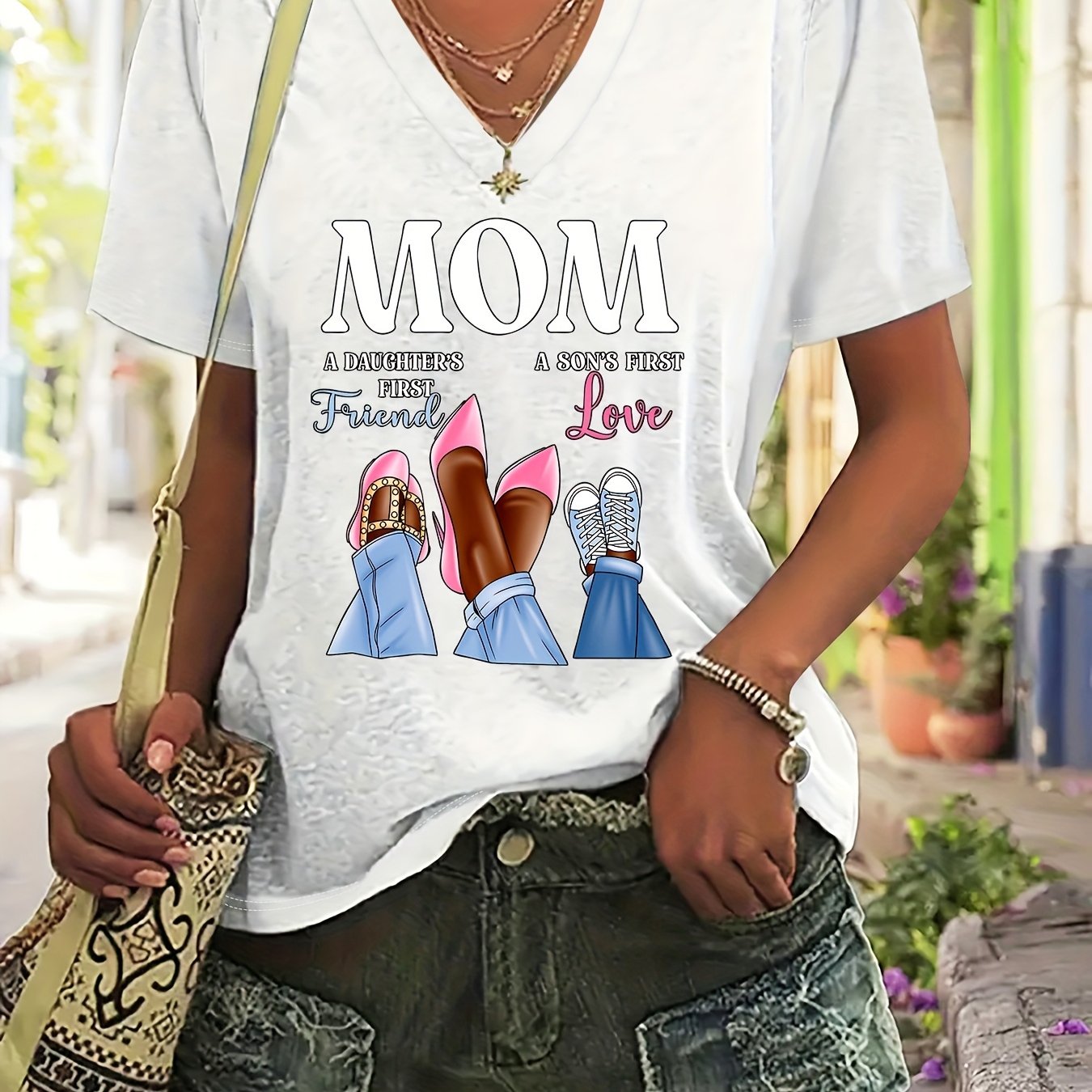 TEMU This V-neck T-shirt Features A Design That Symbolizes A Mother As Her And Her . A Casual Women's T-shirt With A Printed Family Emotion Pattern,