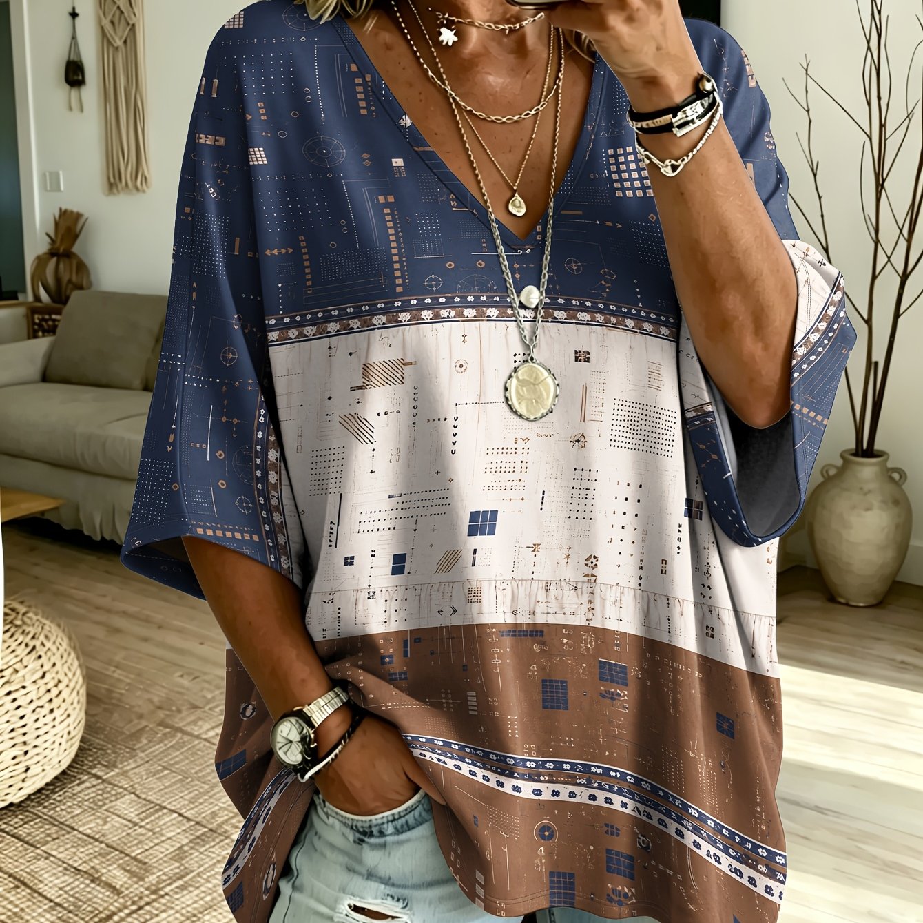 TEMU Plus Size - Printed Plus Size Women's Retro Geometric V-neck Batwing Sleeve T-shirt, Blue Brown Contrast Loose Coverage , Western Casual