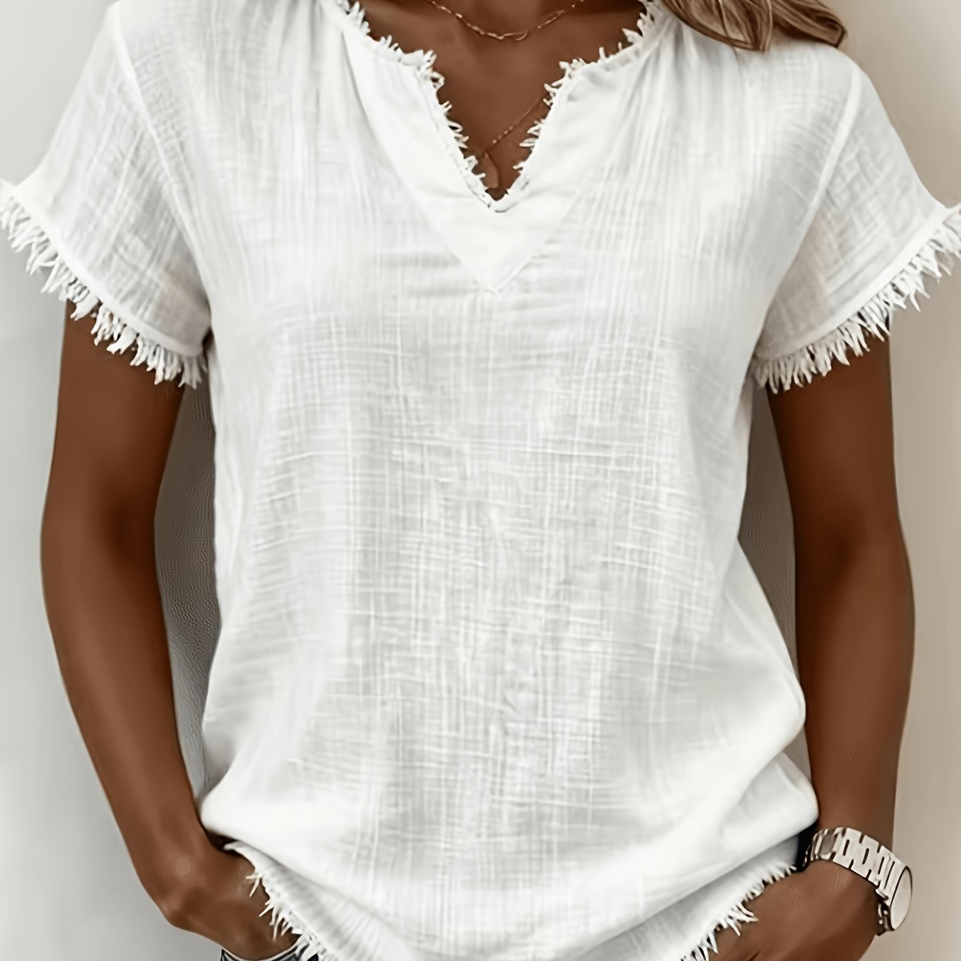 Image of Women's Vintage Casual V-neck Fringe Short-sleeve Top, Comfortable And Stylish, Suitable For Women's Casual Party Occasions, Semi-sheer Slim-, Perfect For Summer