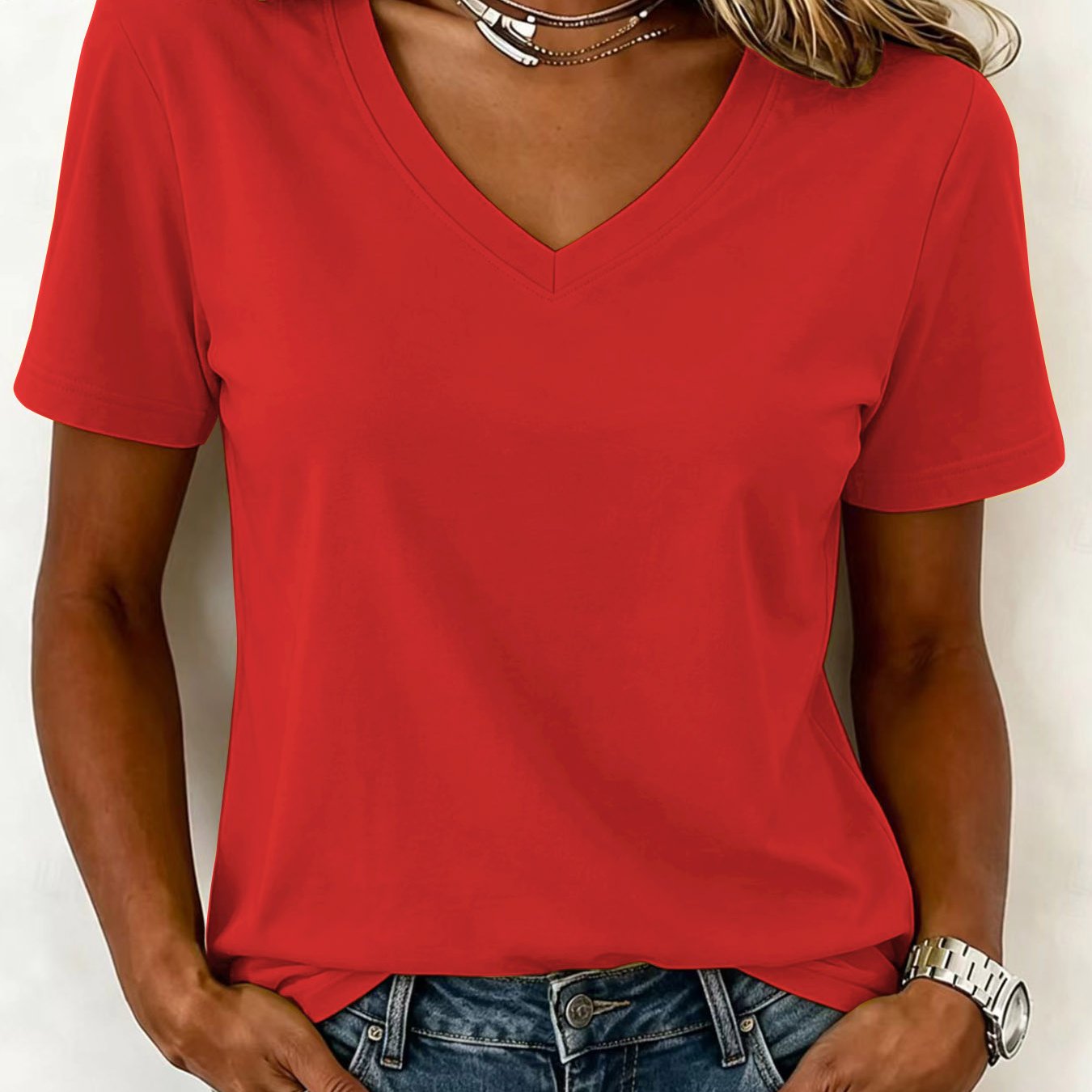 TEMU Women's V-neck Short-sleeve T-shirt Top - Loose-fit Suitable For , Casual Loose Shirt, Machine Washable Spring Summer Fall Layering Piece, Solid