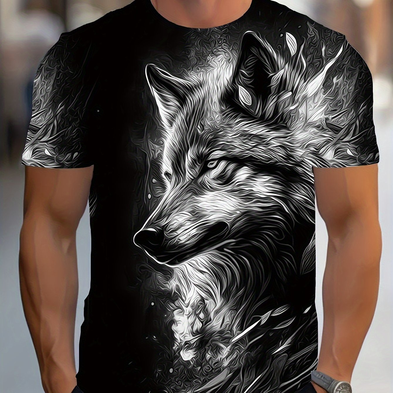 E-shop Herren Sommer Outdoor Mode Trendy Rundhals Kurzarm T-Shirt mit Wolf Muster.