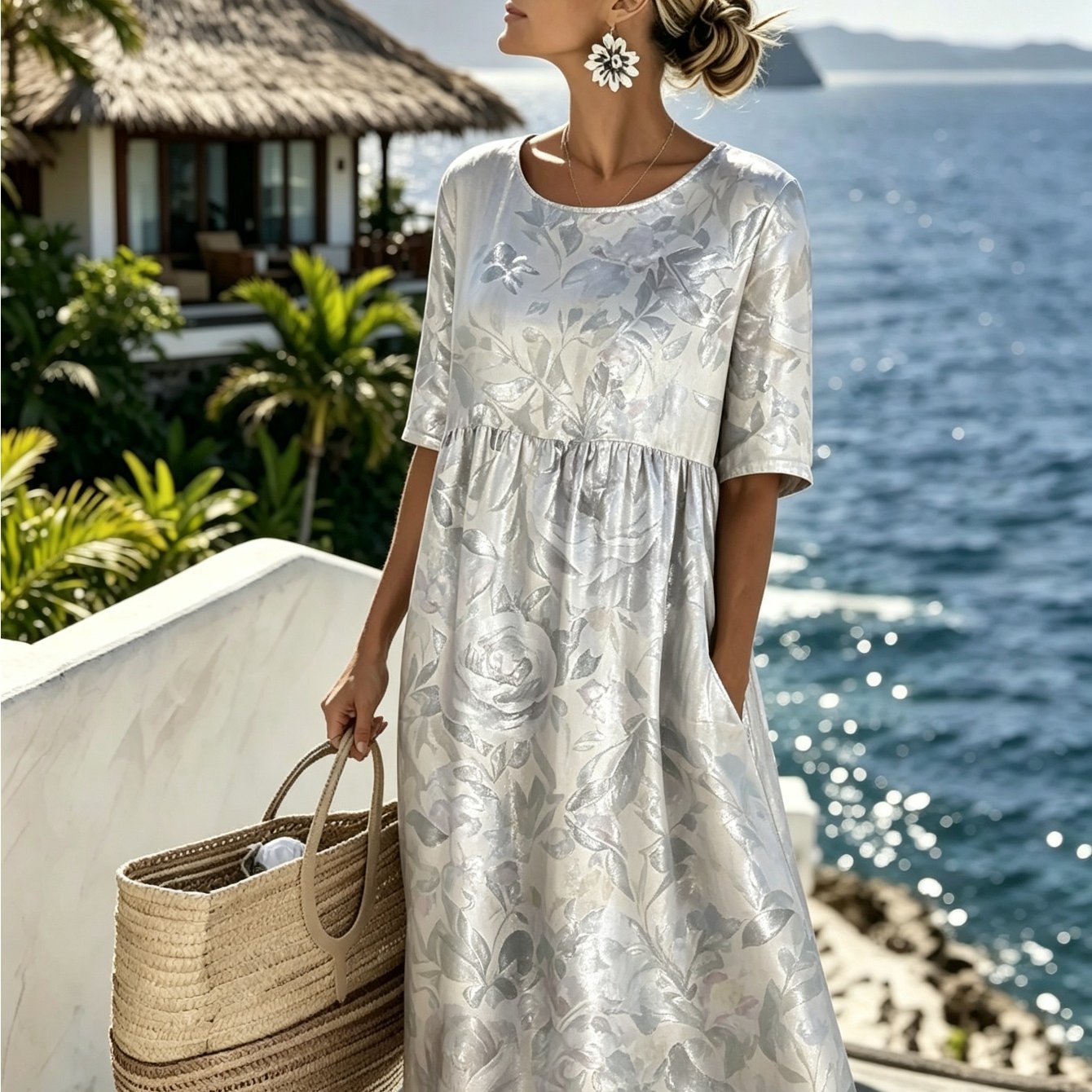 Women's Geometric Print Midi Dress - Round Neck Half Sleeve With Pockets, Casual Loose Fit Summer Dress For Vacation Beach Daily Wear