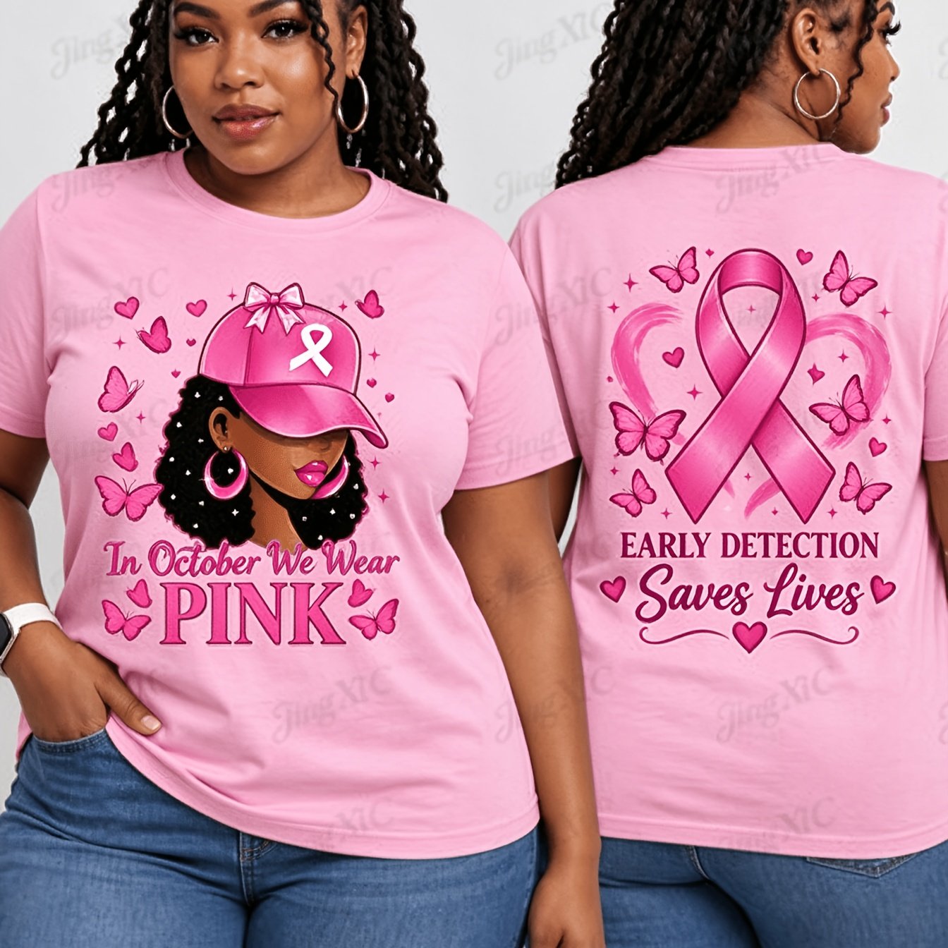 TEMU Women's Breast Awareness T-shirt - Ribbon Month With Pink Ribbon, Butterflies & Hearts Print, Short Sleeve Crew Neck Loose Suitable For Lives