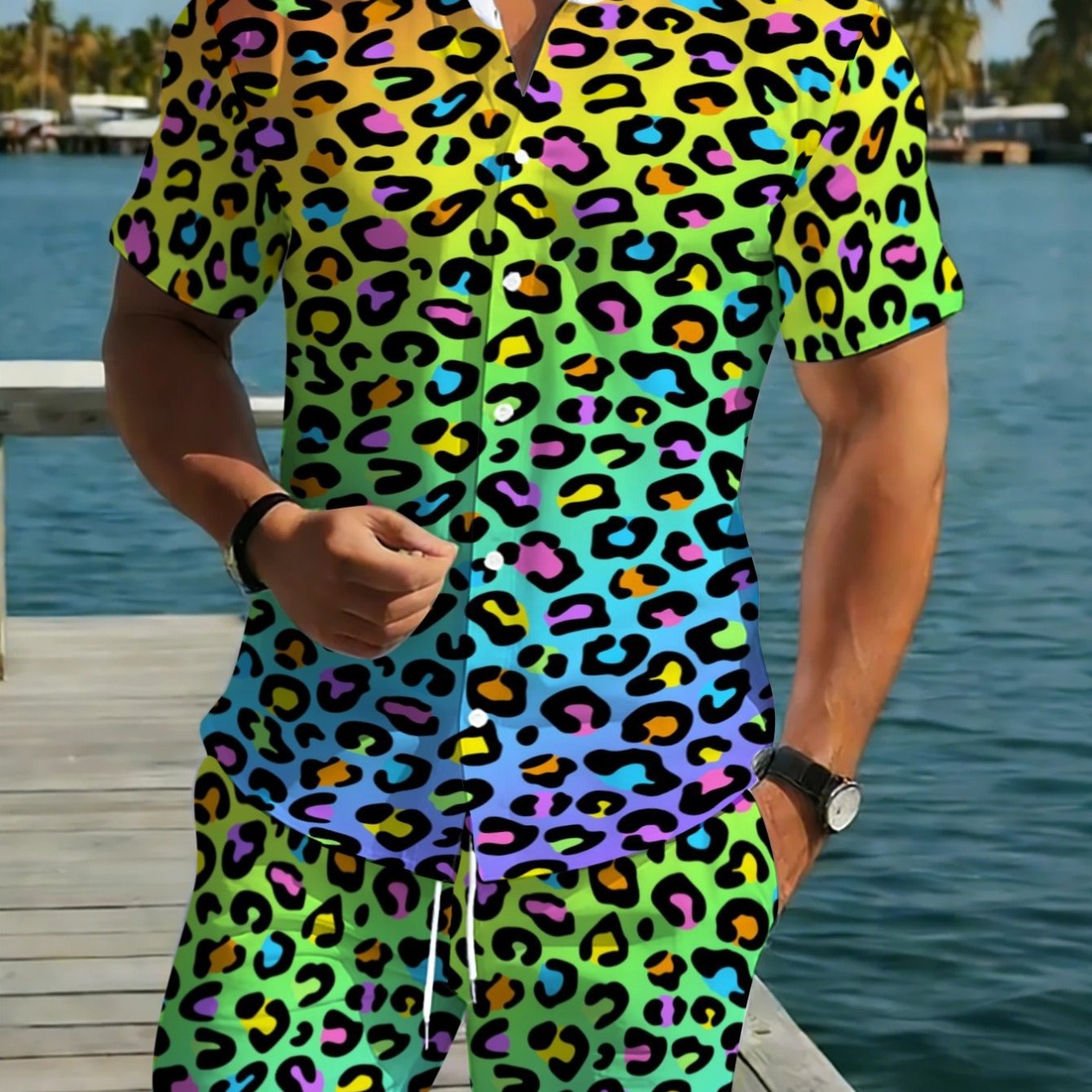 TEMU 2[printed Design Not Textured]colorful Leopard Print Short Sleeve Shirt And Pants Set For Men, Lightweight Polyester Bwr, Perfect For Casual And