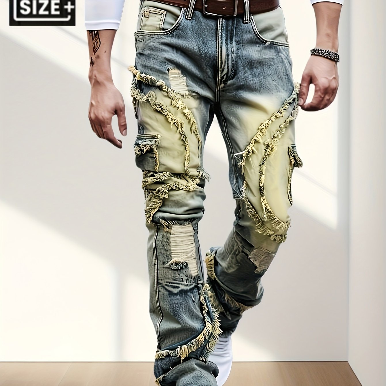 TEMU [hme] Fashionable Plus-size Trendy Men's Trousers, Hip-hop Y2k Street Men's Jeans, Three-dimensional Cut Mid-waist Slimming Style, Washed