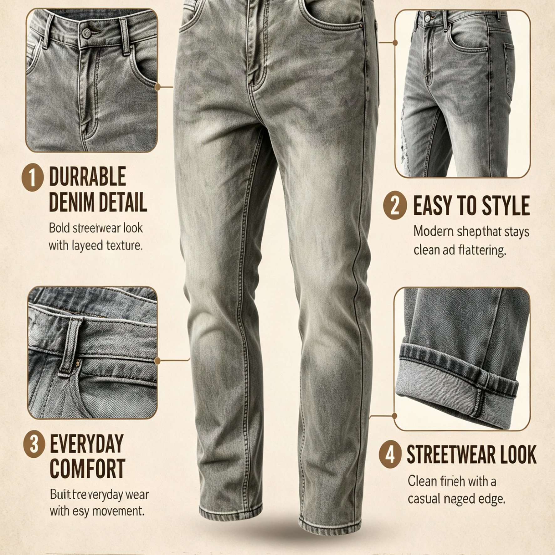 TEMU [hme]all Season Men's Casual Slim Fit Denim Pants, Heavy Western Wash, Multi-, , Machine Washable Fabric, Built-in Y2k Zipper, Ideal Denim