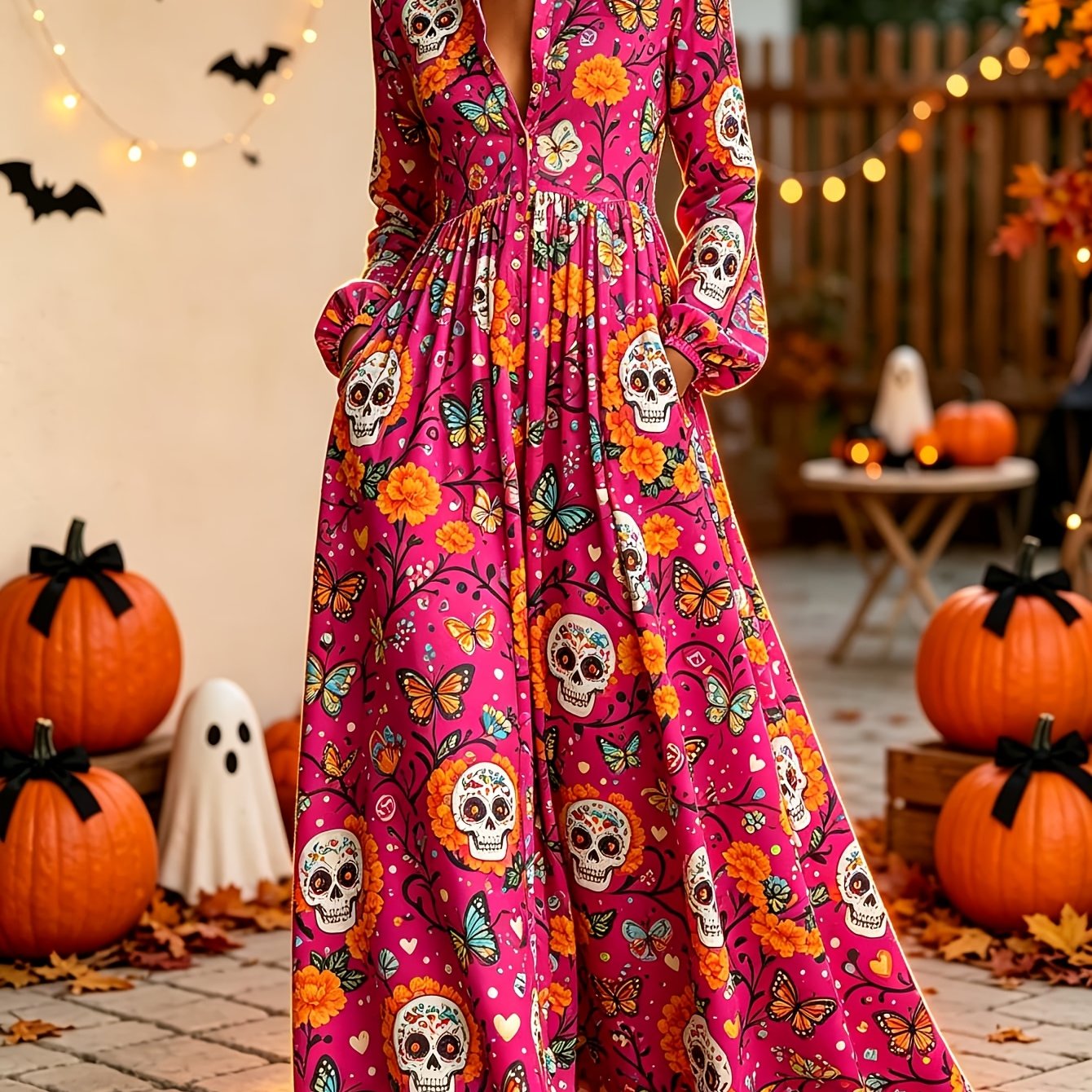 Image of Women's Sugar Skull Floral Maxi Dress, Long Sleeve Shirt Dress, Stand Collar Button Front Flowy Hem Long Dress With Pockets, Halloween Outfit