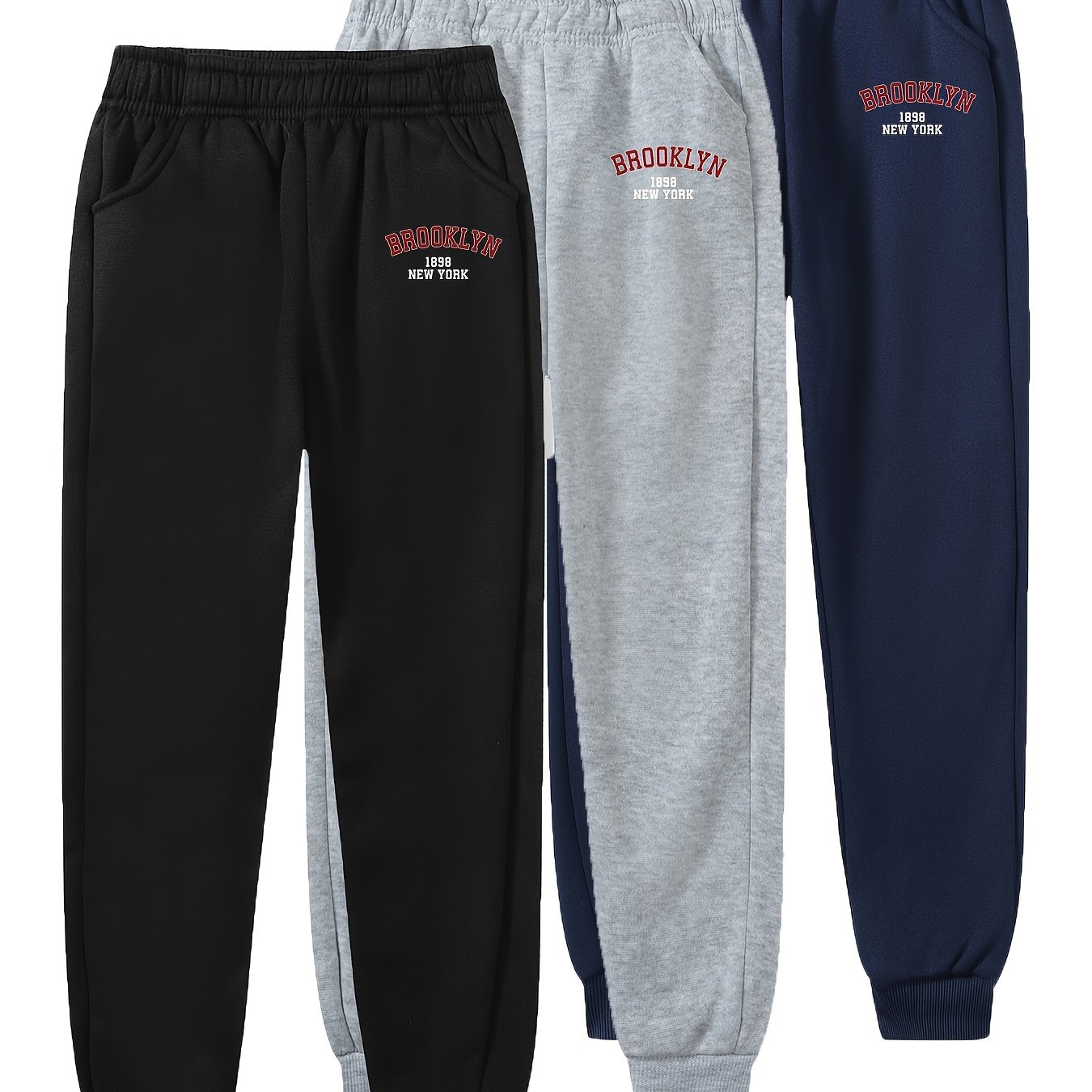Image of Brooklyn Letter Print Kids' Long Pants Fashion Casual Sweatpants 3-pack, Perfect For Outdoor