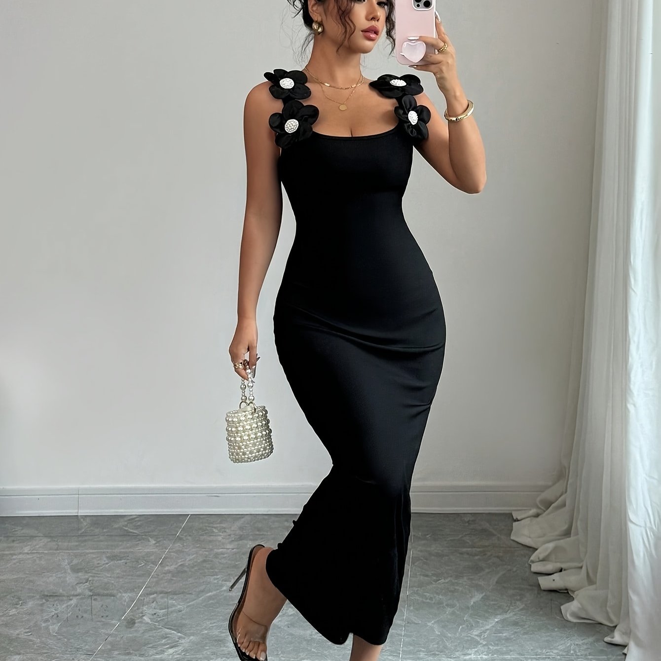 Women's Ribbed Dress With 3d Floral Embellishments