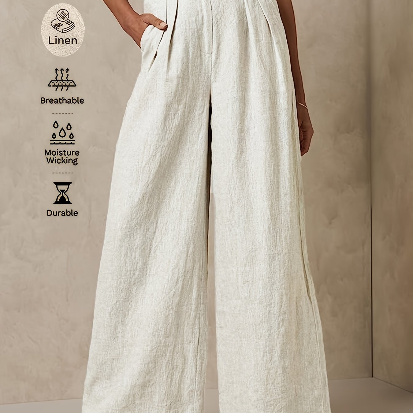 TEMU Women's Breathable Linen Wide-leg Pants - High-waisted Trousers With Pockets, Pleated Loose-fit Suitable For Work, Office, Beach & Casual Wear,
