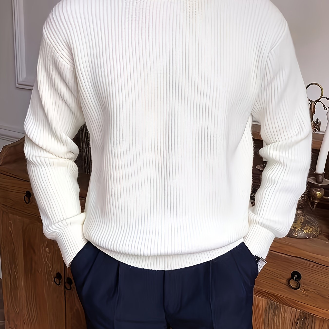 E-shop Herren Strick-Langarm-T-Shirt für Frühling/Herbst, gerippt, lockere Passform, neuer Herren-Strickpullover mit Rundhalsausschnitt, lässiges