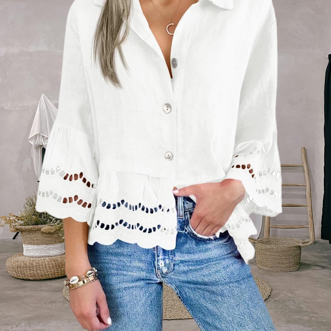 Image of Womens 3/ Sleeve Button Shirts Casual Ruffle Hem Tops Eyelet Blouse