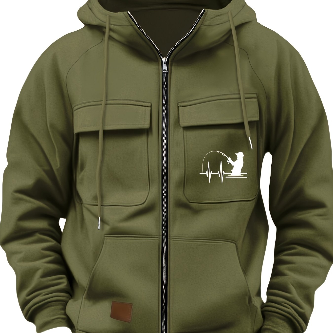 TEMU Autumn/winter Men's Clothing Long Sleeve Zip-up White Fishing Print Men's Apparel Spring/autumn Men's Fashion Hooded Sweatshirt Jacket With