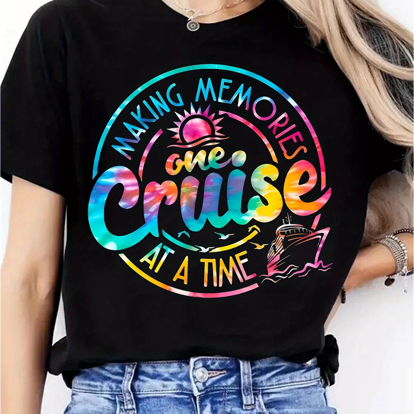 TEMU Women's Casual Short Sleeve T-shirt - " Cruise" Graphic Print, Vibrant Colorful Design, Fabric, Round Neck, Machine Washable, For , Cute T