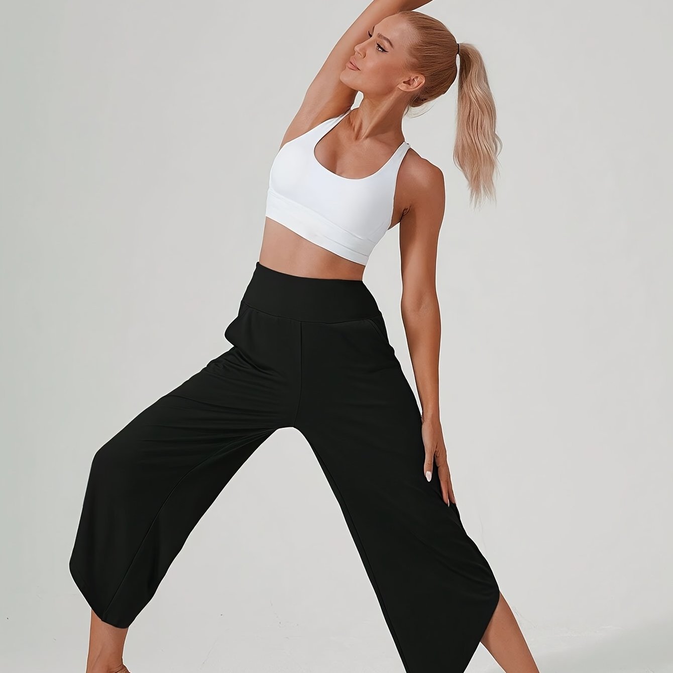 Image of Women's Casual Athletic Pants, Yoga Wide-leg Trousers, Asymmetrical Hollow Hem Athletic Pants, Loose Casual Capri Pants, High-waist Loose Wide-leg Trousers