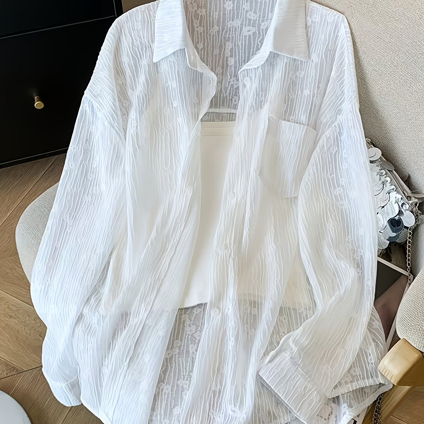 TEMU 여름 프렌치 자카드 레이스 블라우스 여성용 경량 슈퍼 오픈 프론트 가디건