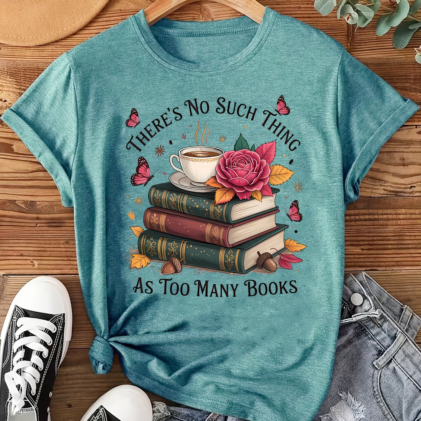 TEMU Women's Elegant Short-sleeve Vintage Book And Crew Neck T-shirt, Comfortable, Soft, And Breathable, New Style, Fashionable And Simple, Look,