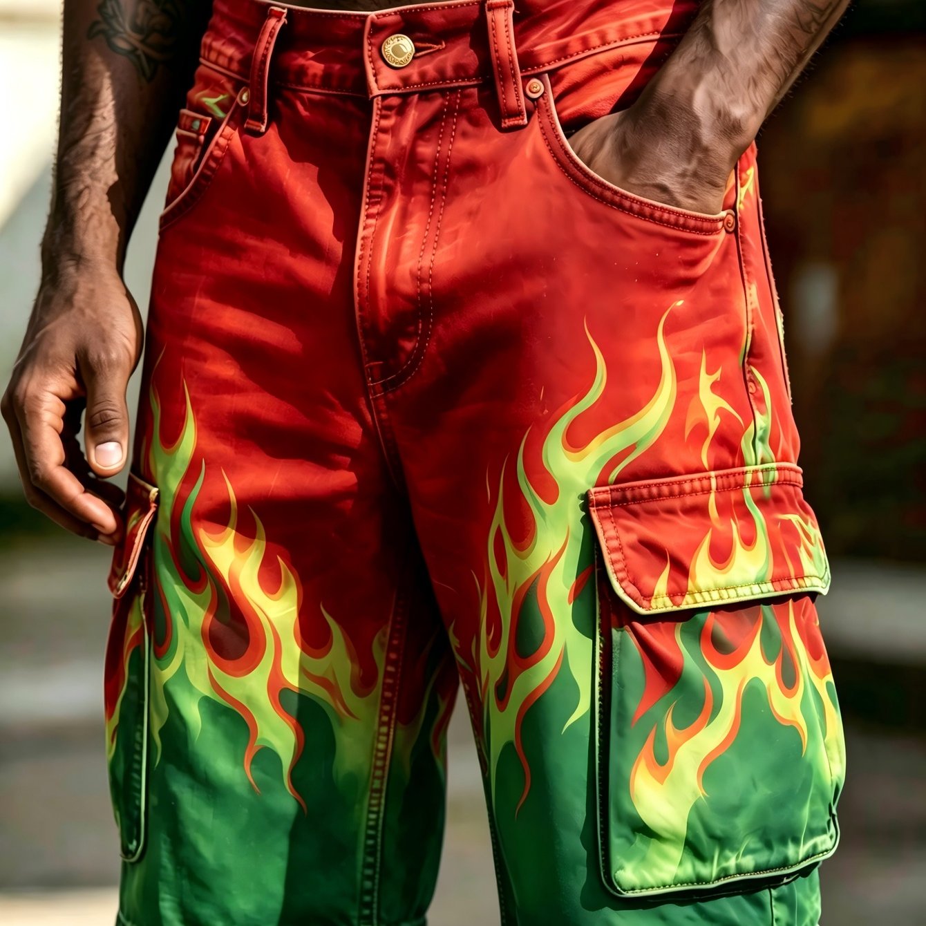Image of Plus-size Men's Summer Street Style Flame Cargo Shorts, Loose And Casual For Everyday Beach Vacations