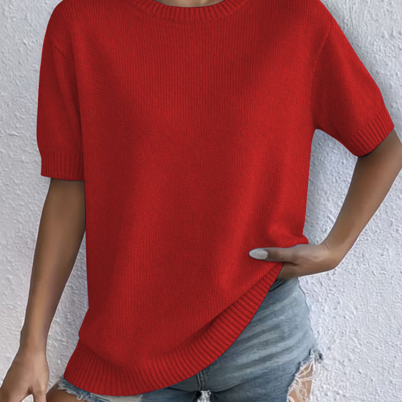 TEMU Women's Casual Pullover Sweater Short Sleeve Loose Fit Round Neck Top, Stretch Comfortable Texture Sleepwear Loungewear, Soft Fabric, Elasticity