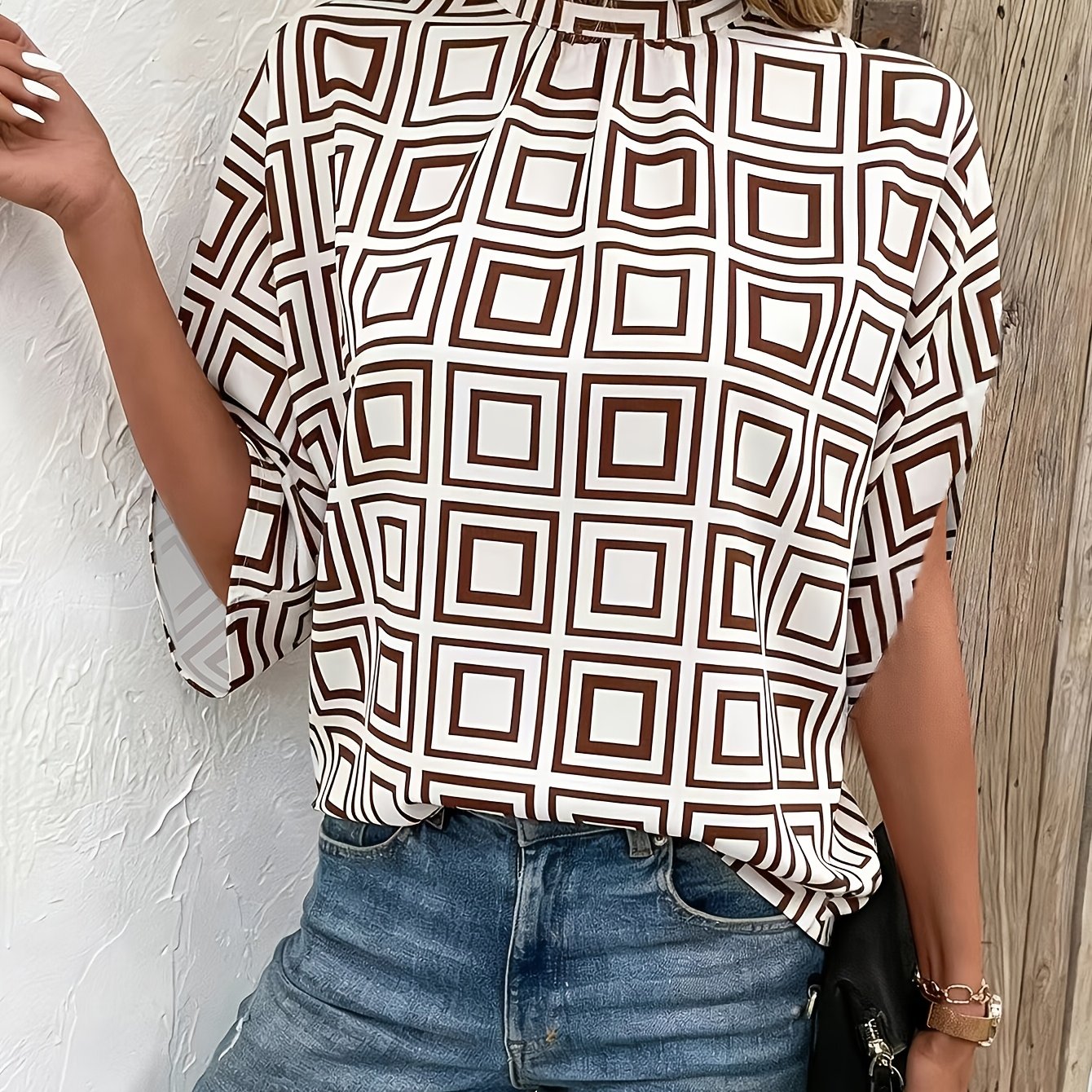 Elegant Women's Geometric Print Split-sleeve Stand Collar Mid-sleeve Blouse Top