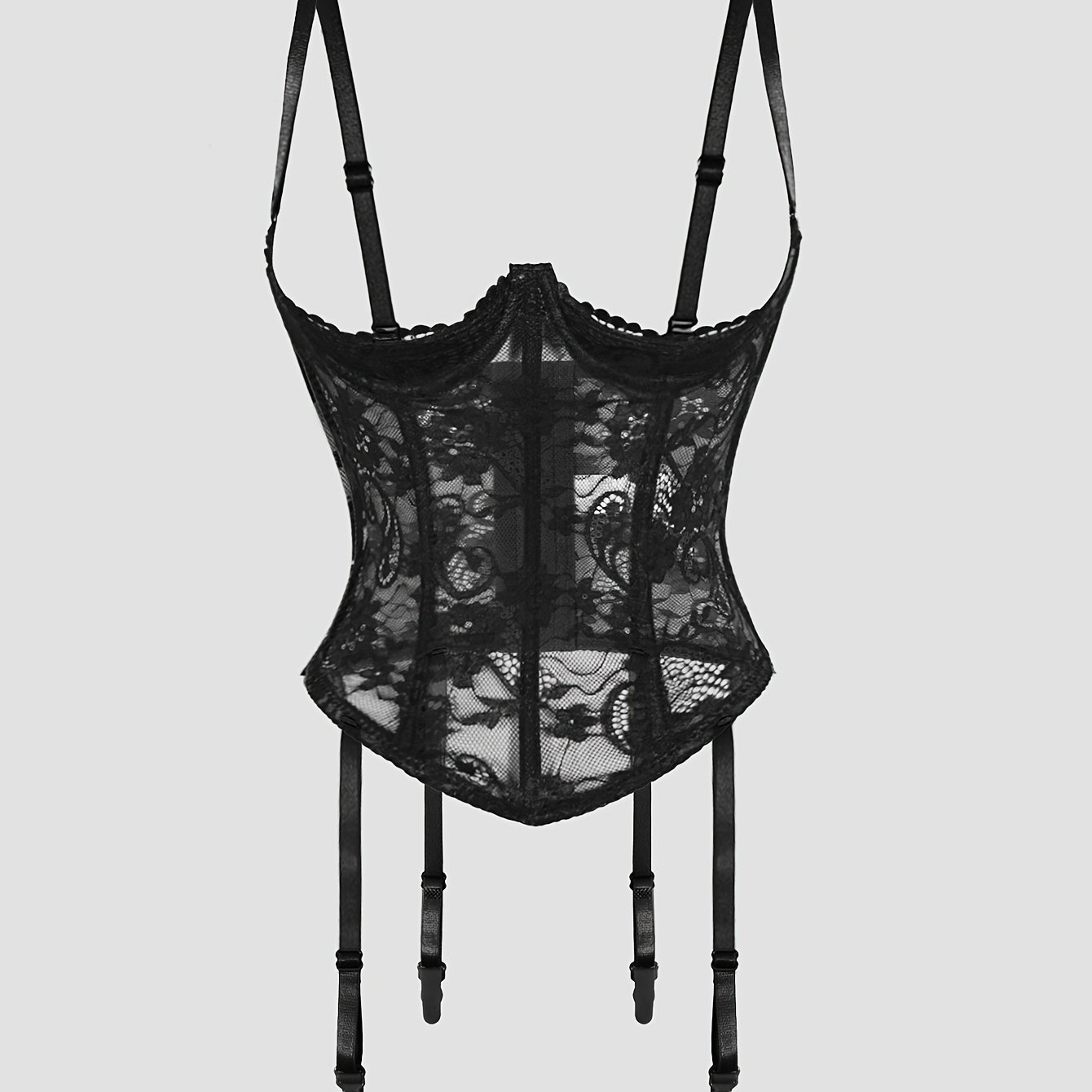 TEMU Women's Floral Lace Corset Bustier, Adjustable Spaghetti Strap Sheer Mesh Waist Cincher Lingerie Bodysuit, Back Hook Closure Intimate Sleepwear
