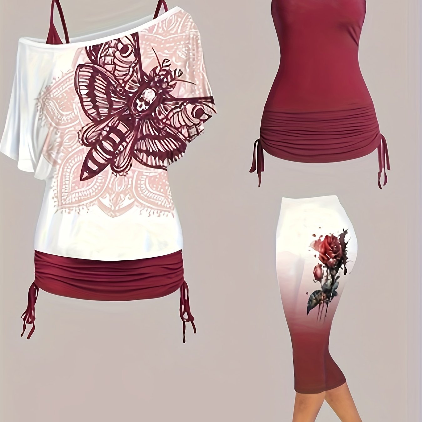 Plus Size - Plus Size - Summer Plus Size Burgundy Print Off-shoulder Top, Solid Cami And 3/4 Length Shorts Women's 3pcs Set