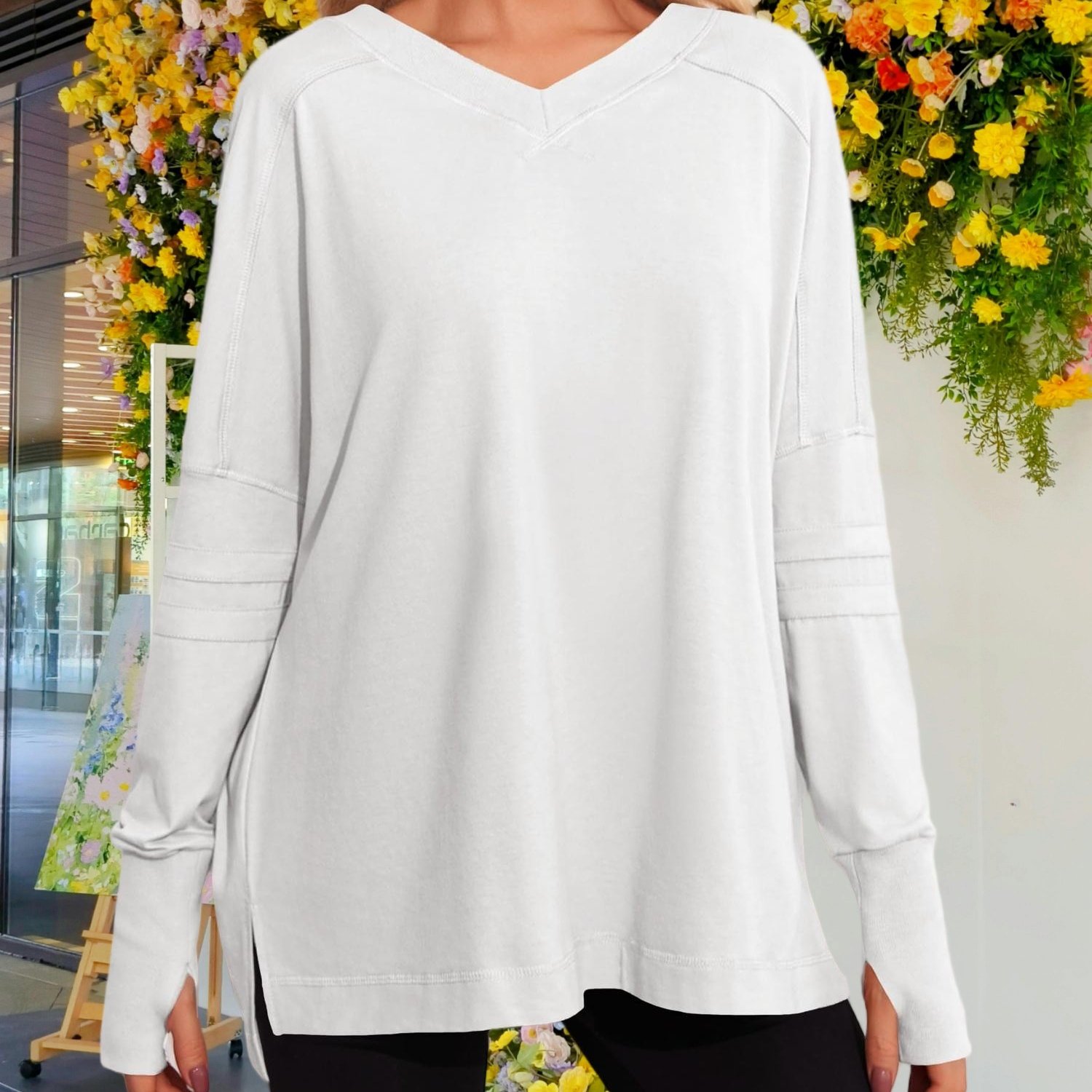 Plus Size - Women's Classic V-neck Long Sleeve Oversized Top, Functional Thumb Holes For Size Leggings Wear