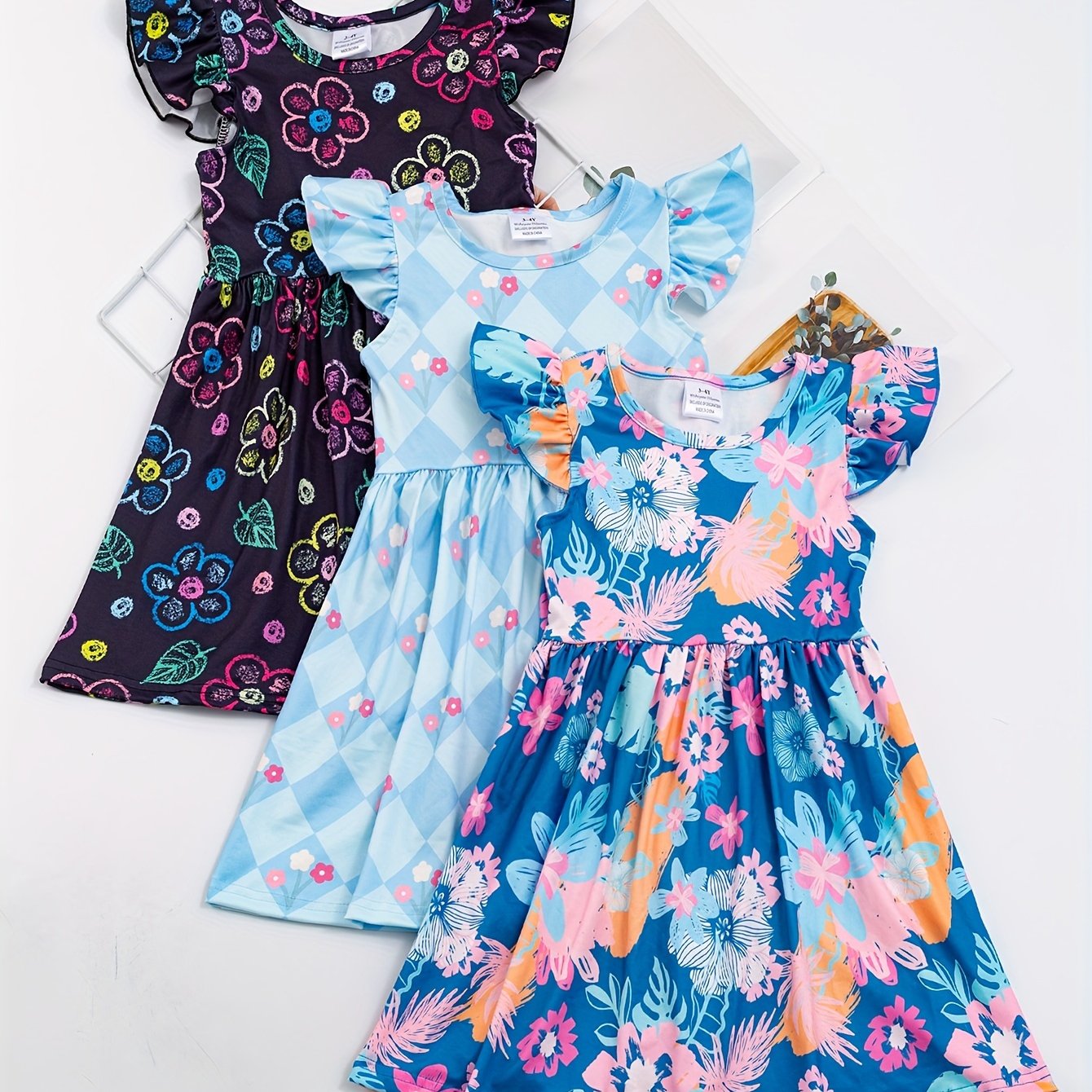 Image of Stylike Girls' Summer Floral Print Short Short Sleeve Dress 3-in-1 3pcs Set