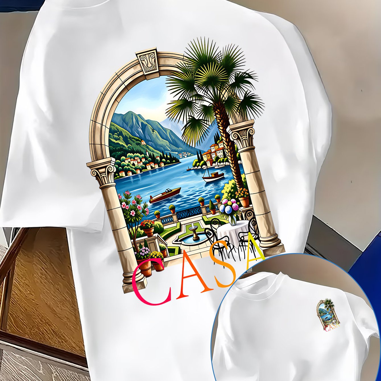 Image of Italian Arch Scenery Men's Casual T-shirt, Versatile And Stylish Short Sleeve, 's Top, Trendy Outfit With A Unique Niche Design, European And , For Students, Couples' Outfits, Parent-child Outfits