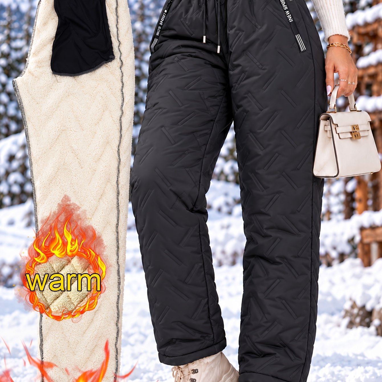 TEMU Pantalon Jogging Matelassé Doublé pour Femme NYWAA avec Taille Élastique et Poches à Fermeture Éclair - Pantalon d'Hiver Chaud, Lavable en