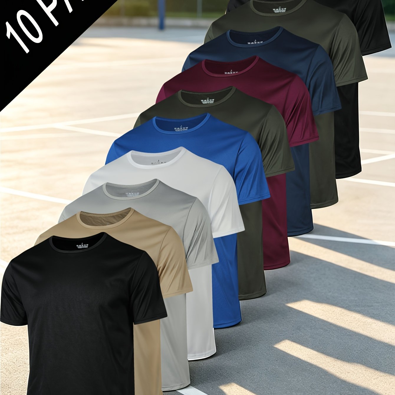Image of 10pcs Soft-feel Men' Neck Solid Color Casual T-shirts, Comfortable Short-sleeve Polyester Knit Tops, Ideal For Summer Outdoor Wear, Breathable, Regular Fit, Slightly Stretchy