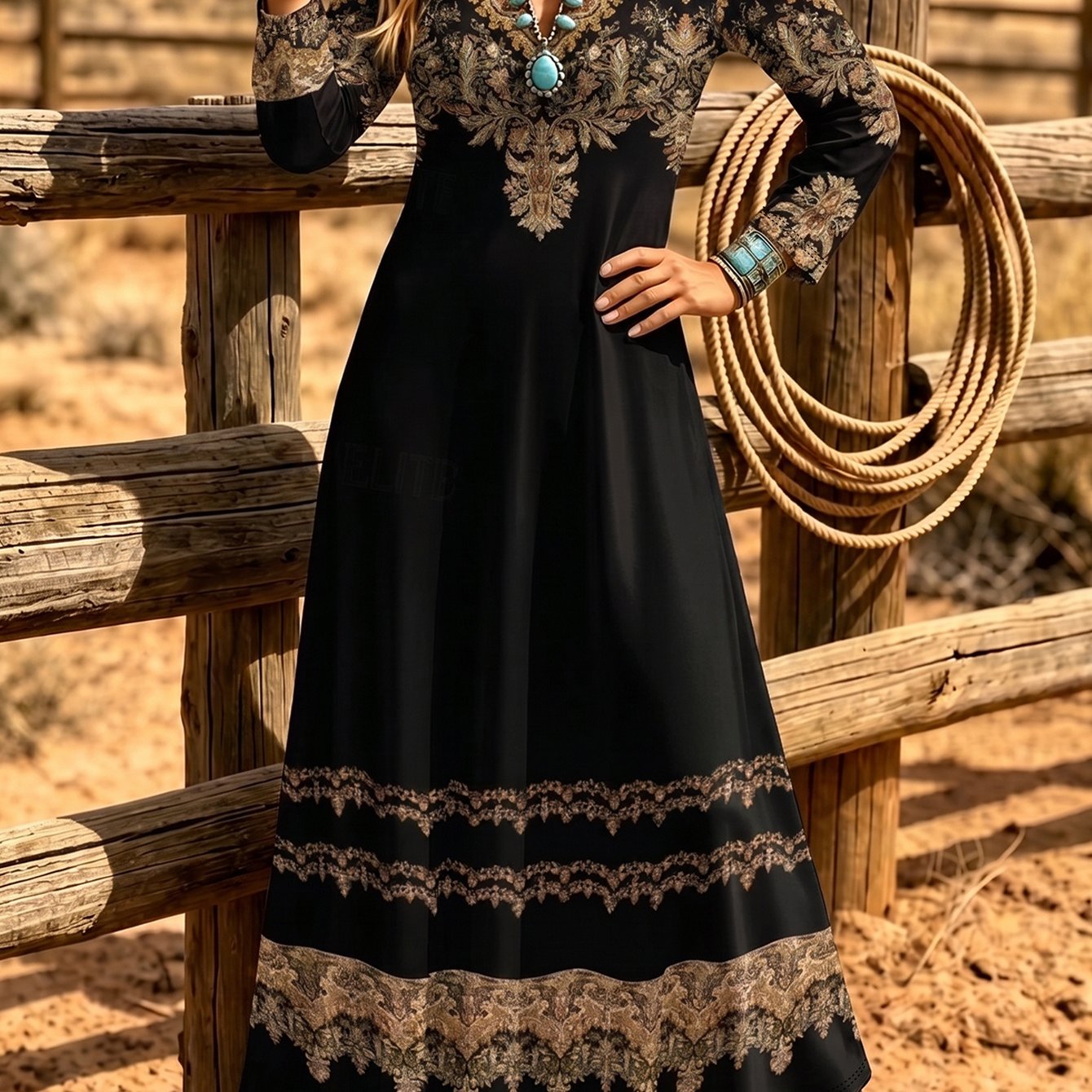 TEMU Robe longue grande taille pour femme, robe longue d'automne style western bohème vintage avec bordure à imprimé floral, manches longues, en V,