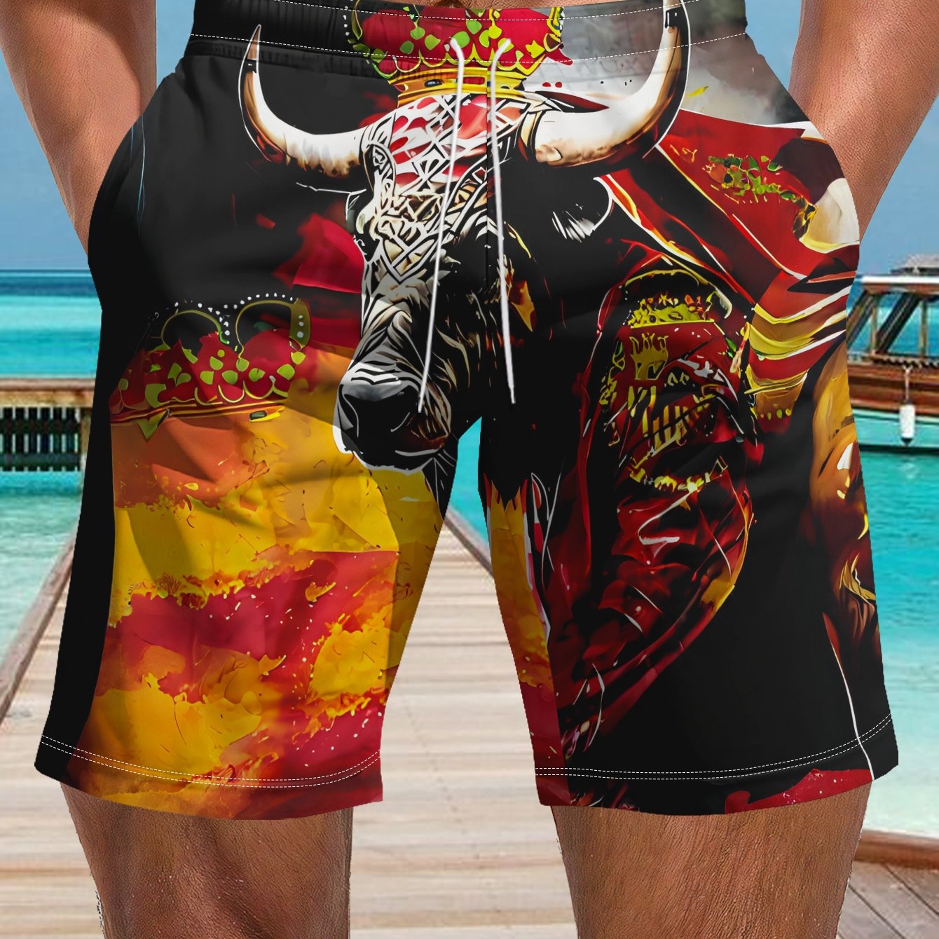TEMU Pantalones cortos de española para hombre - Pantalones cortos de playa y natación de poliéster transpirable con estampado de corona, ajuste