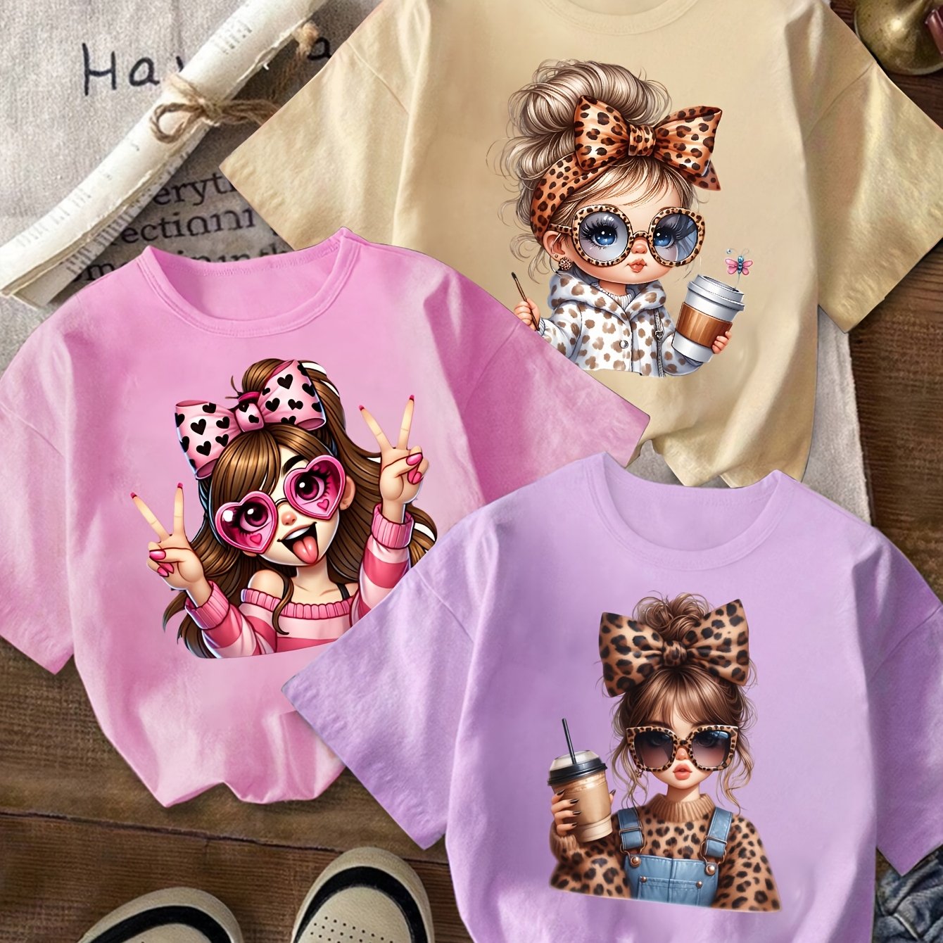 E-shop Dreiteiliges Set für Mädchen, Leopardenmuster Schleifenmädchen-Druck, Süßes Trendiges T-Shirt, Dreiteiliges T-Shirt-Set