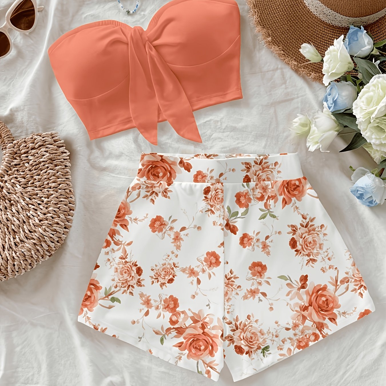 TEMU Conjunto de 2 piezas para mujer: top corto y pantalones cortos casuales estampados, adecuado para verano, estampado, para mujer, ropa de para