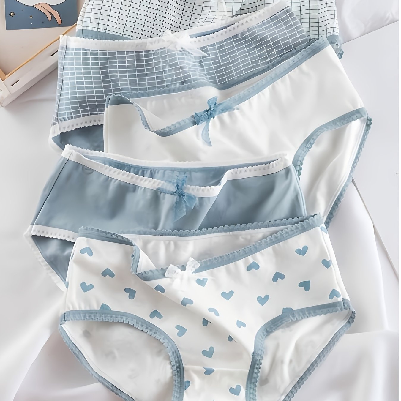 5-pack Low-'s Underwear, Cute Lace Trim, Comfortable And Breathable, Seamless, Heart Checkered Striped Bow Panties, Blue And Scheme, Briefs
