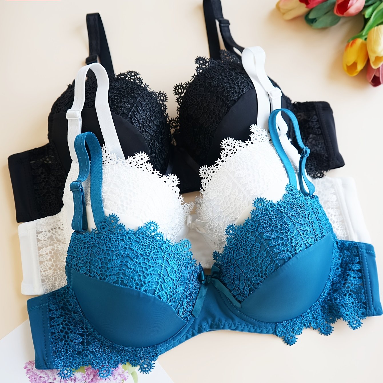 3pcs Plus Size Cd Cup Lace Trim Cozy Women's Bra, Large Size Solid Color Elegant Daily Underwear