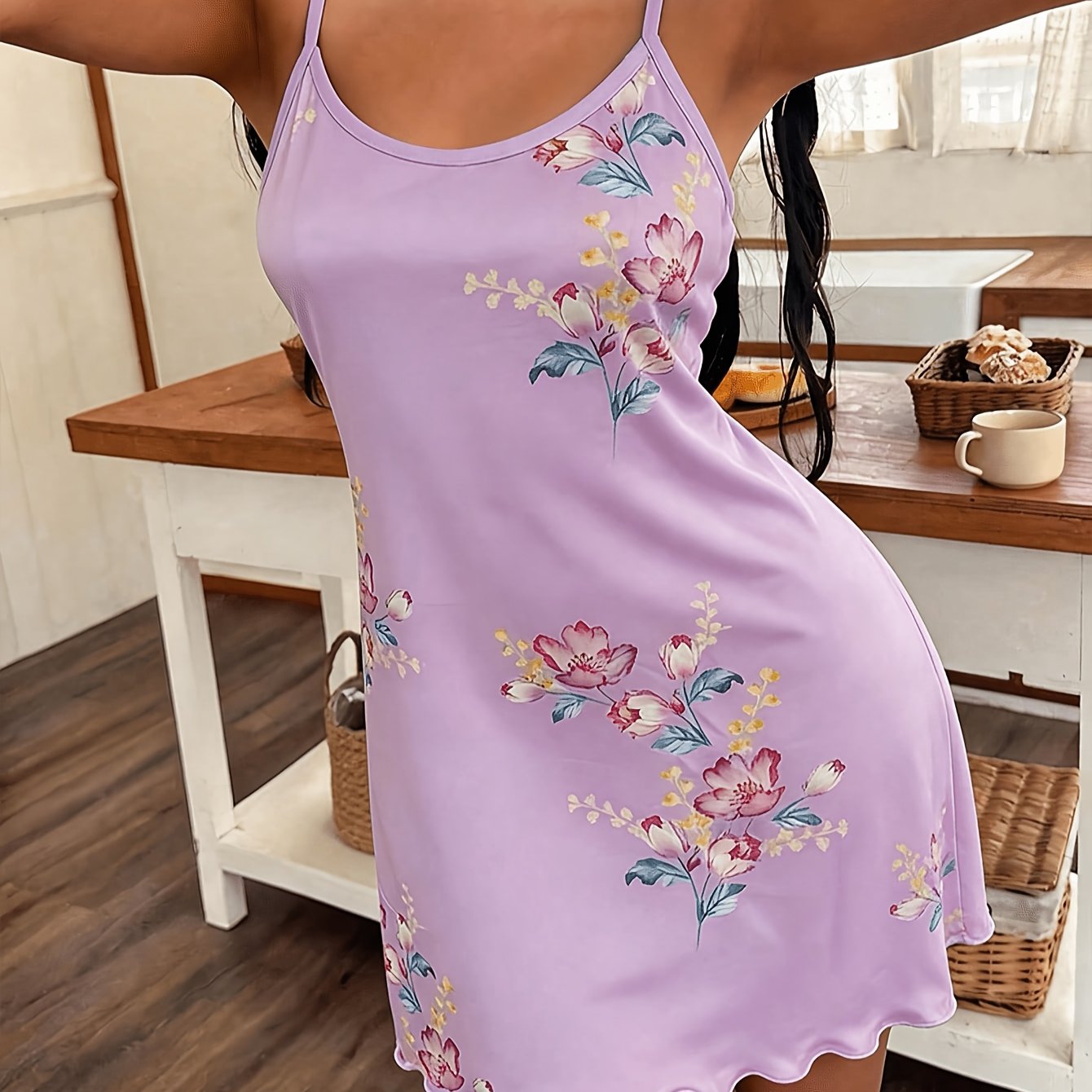 1pc Women's Casual Plant Floral Print Cami Nightgown, Suitable For Spring/summer Sleepwear Or Camisole Dress, Soft And Comfortable
