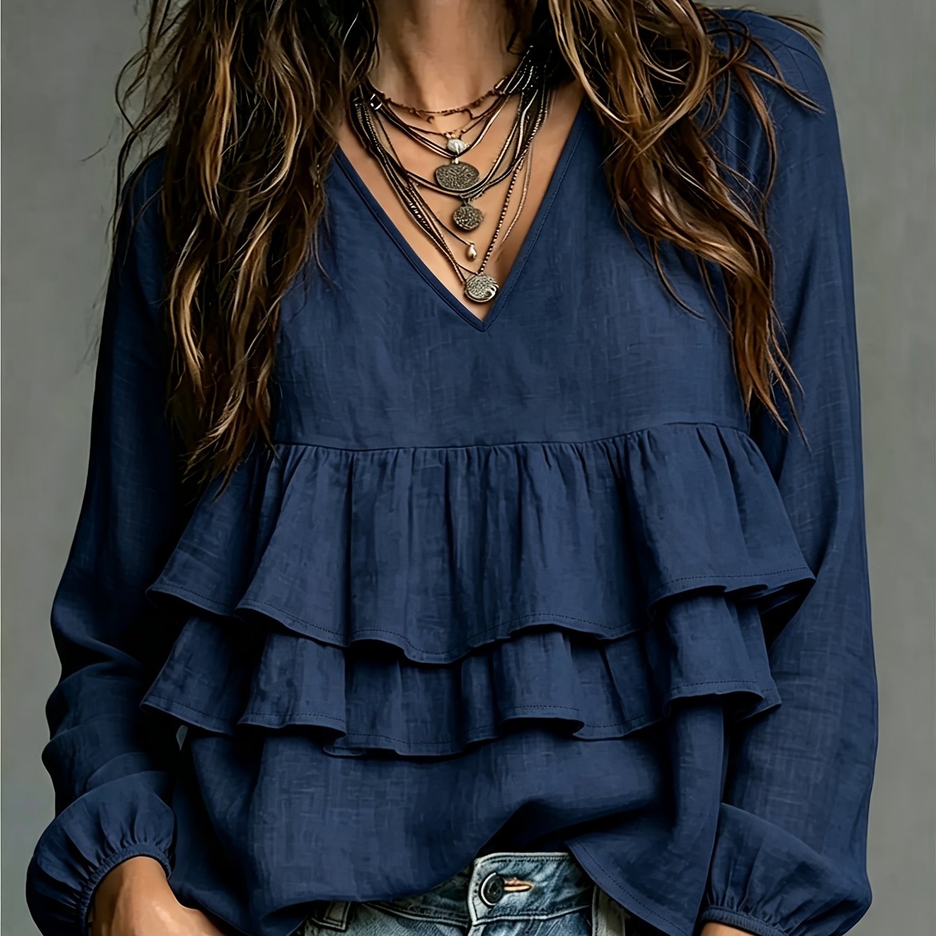 TEMU Chemise de plage style bohème avec décolleté en V, ourlet à volants superposés, manches longues, coupe ample et fluide, pour camping, sorties et
